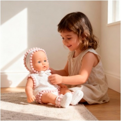 Boneca de bebé com roupa branca e pompons rosa e criança a brincar junto do chão num quarto iluminado.