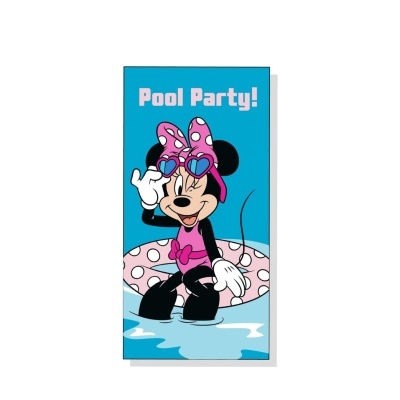 Toalha azul com Minnie Mouse em maiô rosa e boia rosa com bolinhas brancas e texto Pool Party