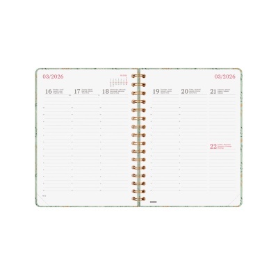 Agenda semanal aberta com texto em rosa e preto, encadernação dourada e margens verdes