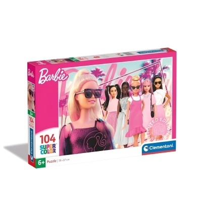 Caixa de quebra-cabeças Barbie com 104 peças e imagem de cinco bonecas.