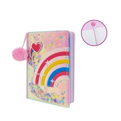 Caderno rosa holográfico com arco-íris, coração e pompom cor-de-rosa