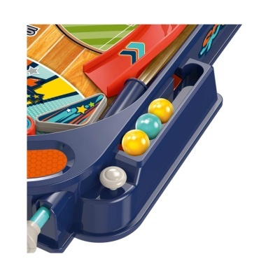 Jogo de mesa com bolas coloridas em suporte azul e detalhes em madeira e plástico colorido