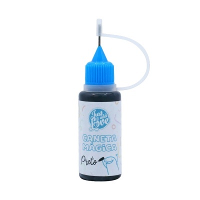 Frasco pequeno de plástico com tampa azul e rótulo branco CANETA MÁGICA Preto