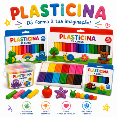 Embalagens coloridas de plasticina com desenhos de animais e texto em português