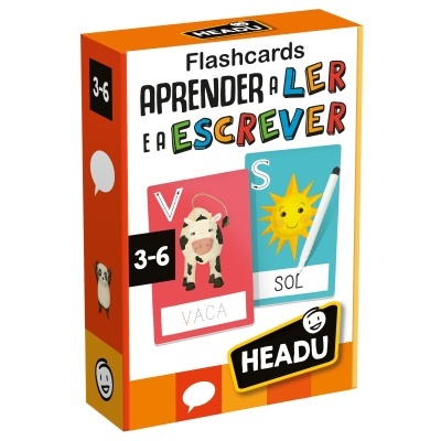 Caixa de Flashcards para aprender a ler e escrever com ilustrações de vaca e sol