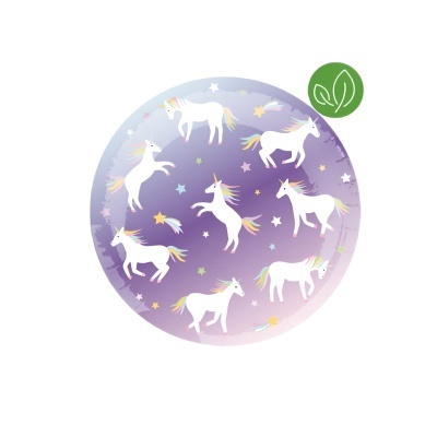 prato redondo lilás com unicórnios brancos e estrelas