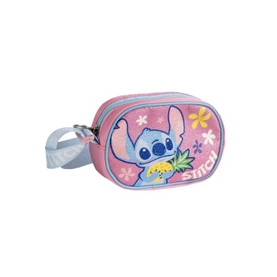 Mala pequena cor-de-rosa com desenho do Stitch segurando um ananás