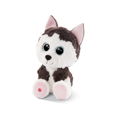 Pelúcia de cão husky castanha e branca com olhos grandes e orelhas cor-de-rosa