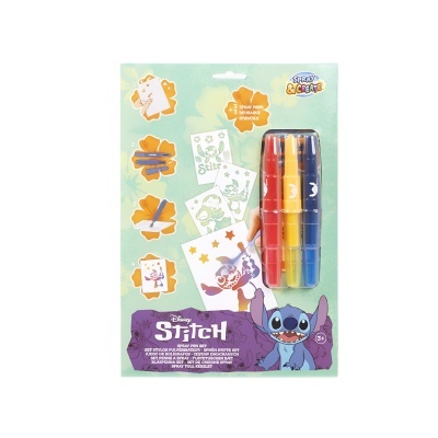 Conjunto de pintura Disney Stitch com marcadores coloridos e stencil cards em embalagem verde claro