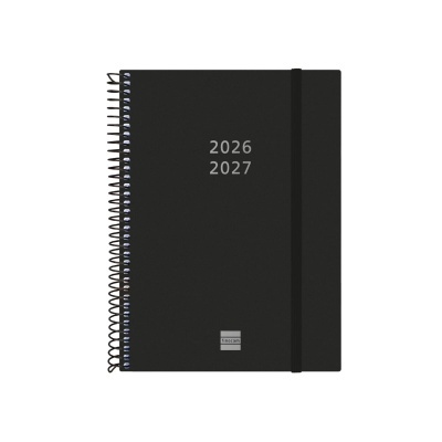 Agenda preta espiralada com o ano 2026 2027 impresso