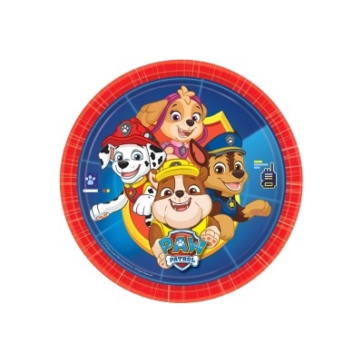 Prato infantil com personagens Paw Patrol em fundo azul e borda vermelha