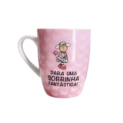 Caneca rosa com ilustração de ovelha e texto para sobrinha fantástica