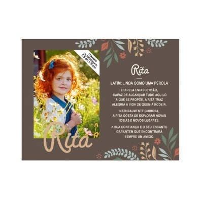 Quadro decorativo com foto de menina ruiva chamada Rita e texto descritivo