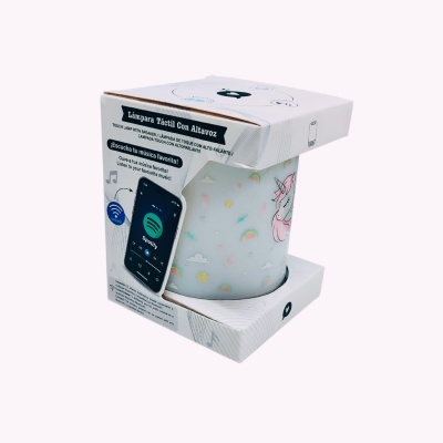 Lâmpada tátil para crianças com design de unicórnio e embalagem com smartphone e texto