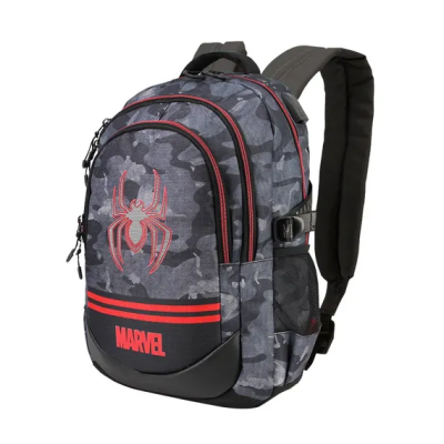 Mochila Marvel cinza camuflada com símbolo vermelho de aranha e texto MARVEL