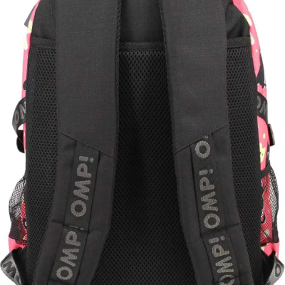 Mochila com alças pretas acolchoadas e padrão colorido rosa e amarelo