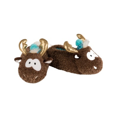 Pantufas castanhas de pelúcia com olhos brancos grandes e ornamentos dourados e azuis