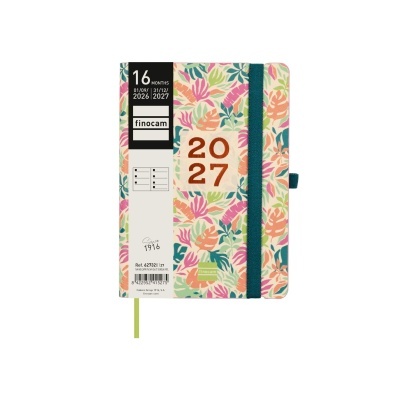 Agenda 2027 finocam com padrão colorido de folhas e elástico azul