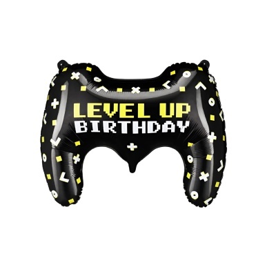 Balão em forma de comando de videojogo preto com texto 'LEVEL UP BIRTHDAY'
