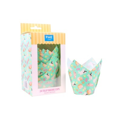 Conjunto de 24 forminhas para bolos em forma de tulipa, padrão colorido em fundo verde, embalagem PME Cake