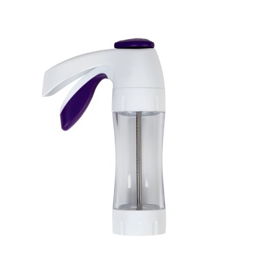 Dispositivo manual branco e roxo com recipiente transparente para misturar líquidos