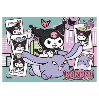 Arte digital da personagem Kuromi preta e rosa montada numa criatura roxa com texto KUROMI