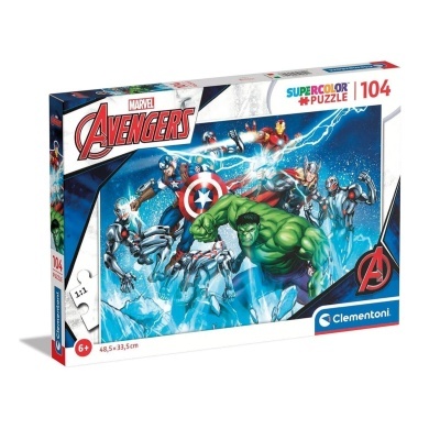 Caixa de puzzle Marvel Avengers com 104 peças e personagens coloridos