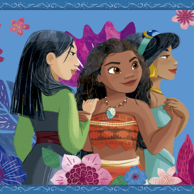 Ilustração de três mulheres em roupas coloridas com flores ao redor