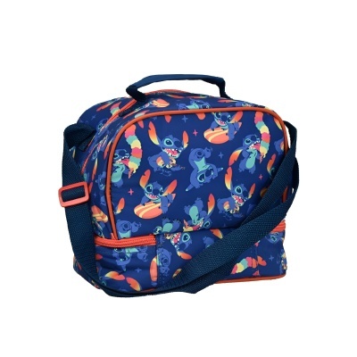 Mala de ombro azul com padrão colorido de personagens cartoon e detalhes em laranja