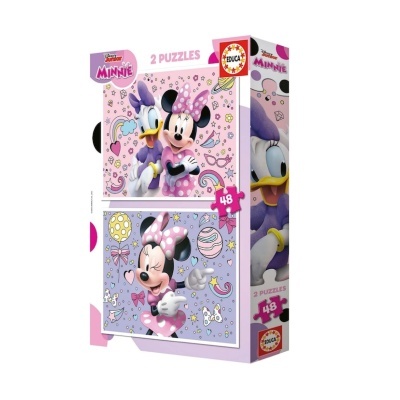 Caixa de puzzles da Disney Junior com Minnie e Daisy em rosa e lilás, 48 peças cada