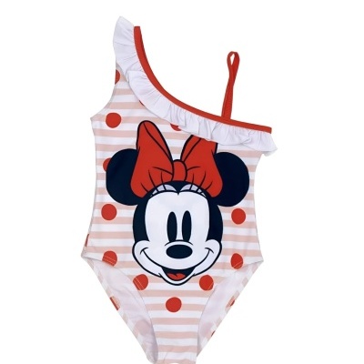 Fato de banho infantil da Minnie Mouse rosa e branco com bolinhas vermelhas
