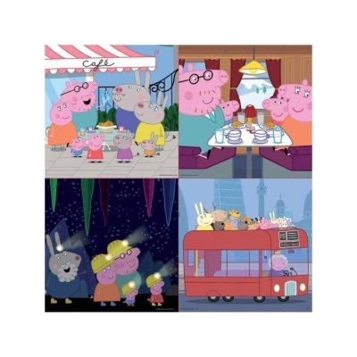 Quatro cenas animadas com porcos e coelhos em café, jantar, caverna e autocarro vermelho