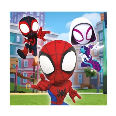 Três personagens animados do Homem-Aranha em parque urbano colorido.