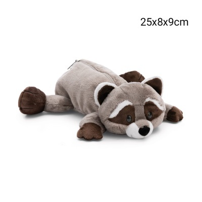 Estojo peluche guaxinim cinzento e castanho 25x8x9cm