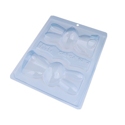 Forma de plástico translúcido para moldar chocolates em forma de ovo com laços