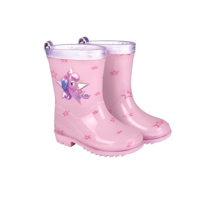 Galochas rosa com padrão de estrelas e unicórnio, topo com pelúcia prateada