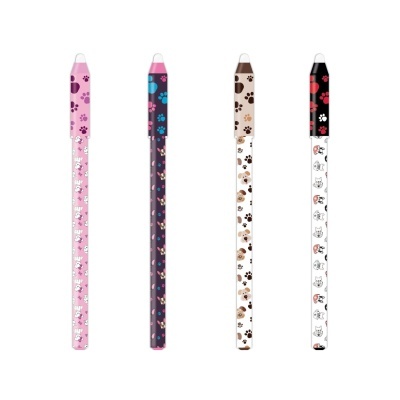 Quatro canetas coloridas com padrões de pegadas e desenhos de cães