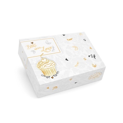 Caixa decorativa branca para bolos com desenho de cupcake e texto Bake with Love.