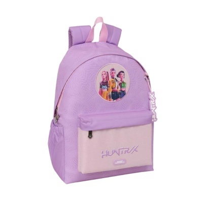 Mochila lilás com bolso rosa claro e ilustração de três personagens femininas no centro.