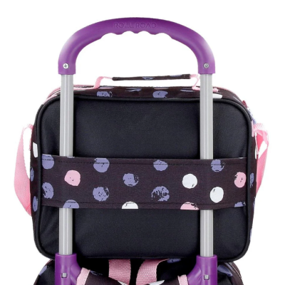 Mala de viagem pequena com padrão de bolas coloridas e alça roxa