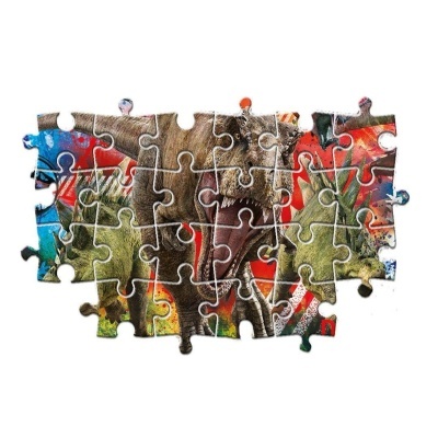 Peça de puzzle com imagem de dinossauro e vegetação colorida