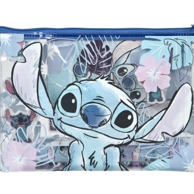 Necessaire transparente com imagem do Stitch e folhas coloridas