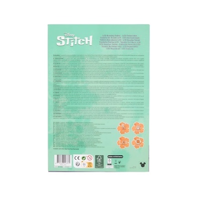 Embalagem verde com texto e título Disney Stitch