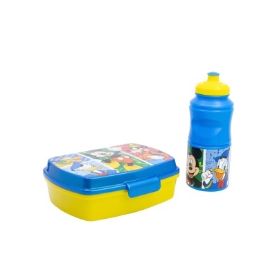 Estojo almoço e garrafa infantil Disney azul e amarelo com personagens Mickey e Donald