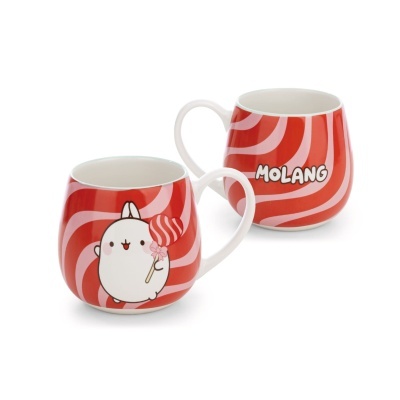 Duas canecas vermelhas e rosa com padrão em espiral e personagem MOLANG