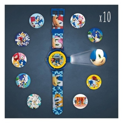 Relógio infantil digital azul com personagens Sonic e 10 tampas intercambiáveis coloridas