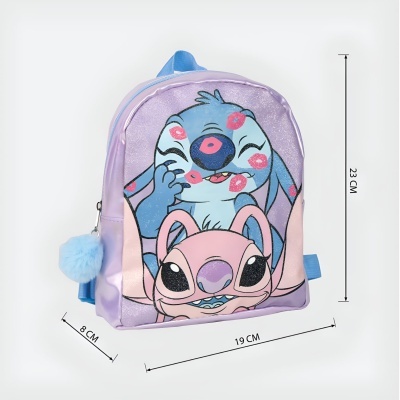 Mochila infantil lilás com personagens Stitch e Angel