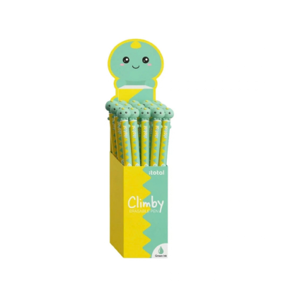 Canetas apagáveis com figura de dinossauro em expositor amarelo e verde.