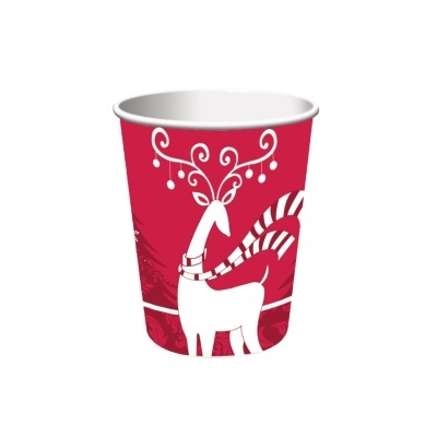Copo de papel vermelho com rena branca decorada para Natal