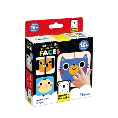 Caixa de puzzle infantil BAMBOO PANDA com 16 peças coloridas e faces de animais e pessoas.